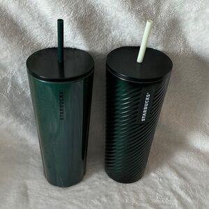 Starbucks Metal Green Tumbler lot of 2 with lids & straws 2021 2022 Holiday cups